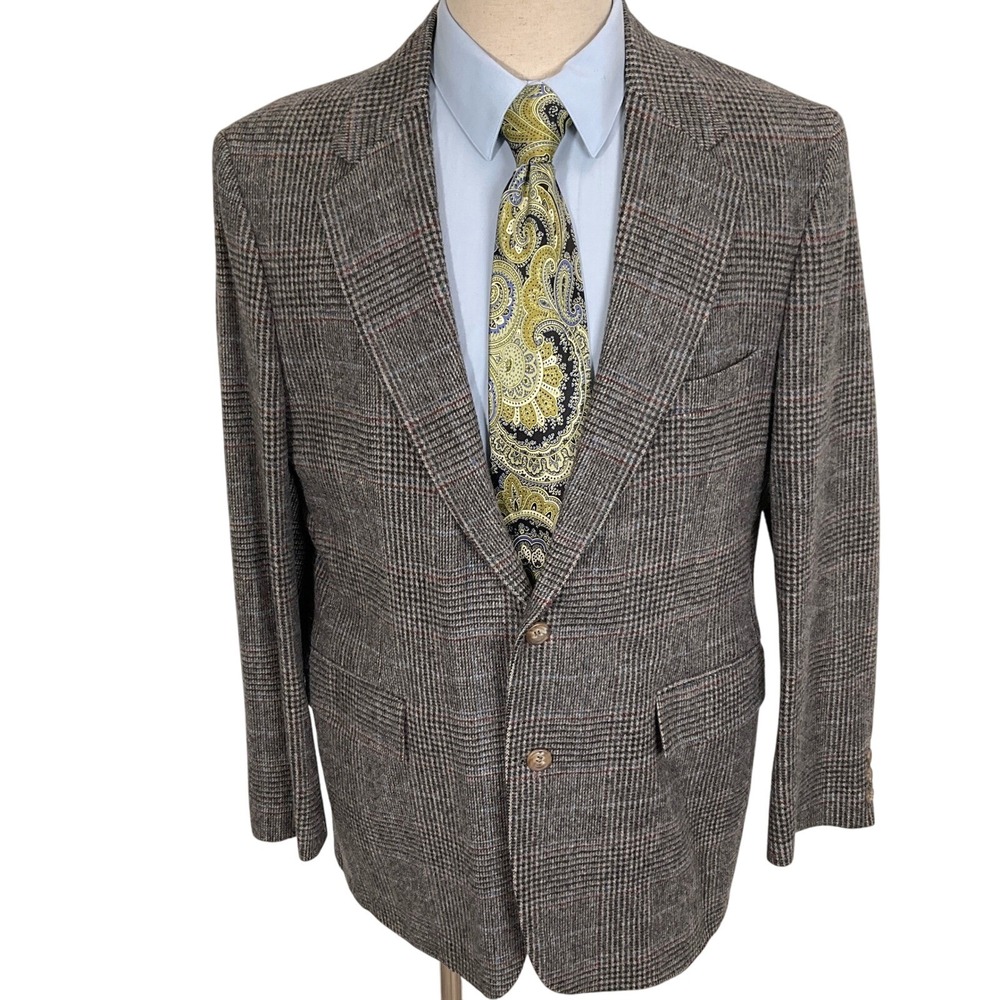 Statesman Blazer Mens 42L Gray Multi Plaid Tweed Classic Jacket Wool USA VTG